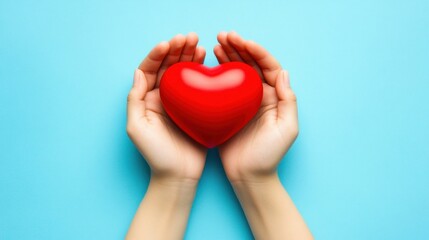 Fototapeta premium Hands Holding Red Heart on Blue Background