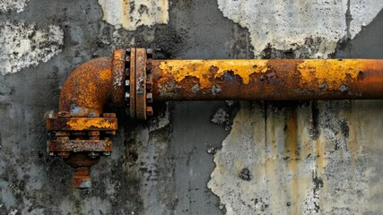 A rusty pipe is attached to a weathered concrete wall - Powered by Adobe