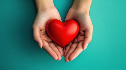 Obraz premium Hands Holding Red Heart on Blue Background