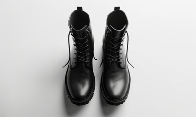 Pair of stylish black boots, white background, 4K hyperrealistic photo