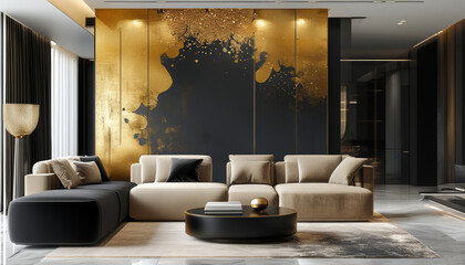 Luxury black and gold living room with modern decor and sleek furniture