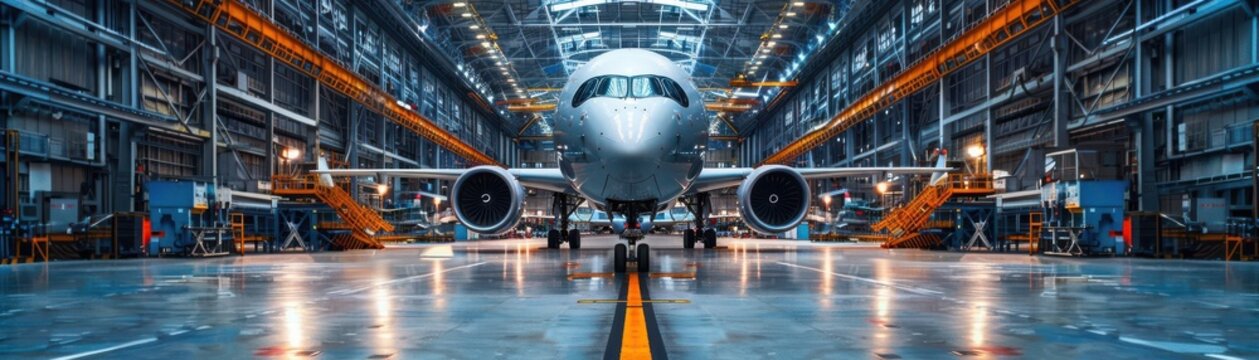 Detailed aerospace factory equipment conveyor belts and robotic systems assembling satellite parts ultra-high detail