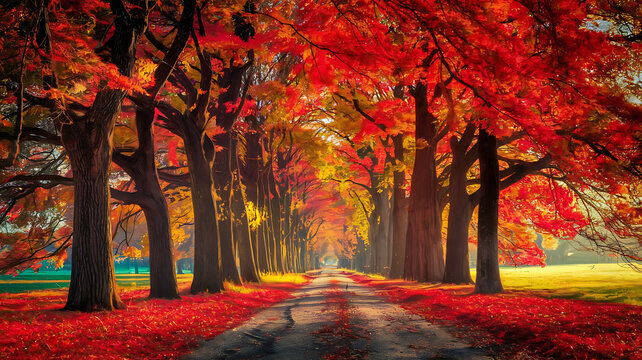 A stunning autumn scene featuring a path lined with tall trees in a park, fall season, autumn colors, November beauty,