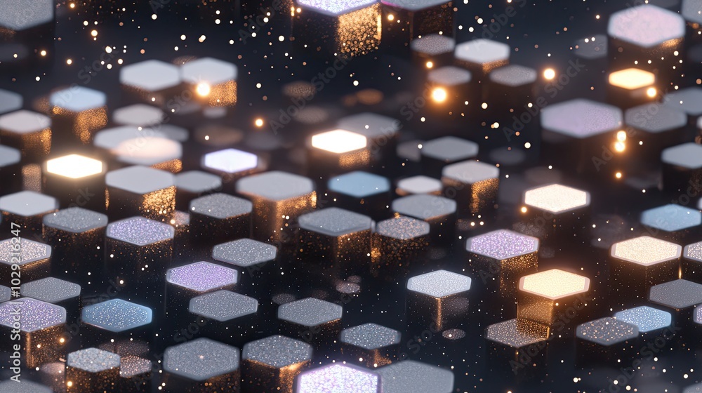 Poster an abstract background featuring a honeycomb pattern illuminated by glowing neon lights, creating a 