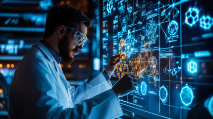 Scientist analyzing digital data on a futuristic interface in a lab during nighttime