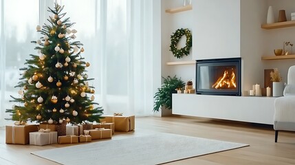 A cozy living room adorned with a beautifully decorated Christmas tree, twinkling lights, and festive ornaments, complemented by a roaring fireplace.