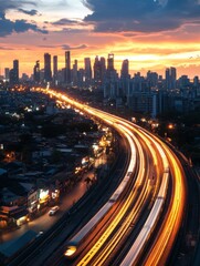 Obraz premium Dynamic urban skyline at twilight featuring flowing traffic and radiant city lights along a busy highway in a metropolis