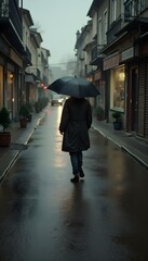 Obraz premium Man Holding an Umbrella and Wearing a Raincoat Rainy Street Walking Down Wet Alley Moody Rainy Day