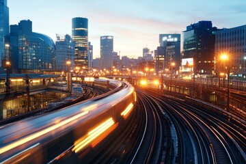 Busy urban train tracks at dusk with glowing city skyline in the background showcasing the vibrant nightlife and transportation hub