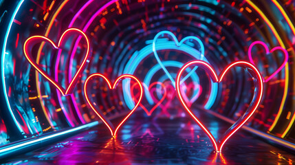 A glowing neon tunnel decorated with bright heart shapes and colorful lights, creating a romantic and futuristic ambiance.  
