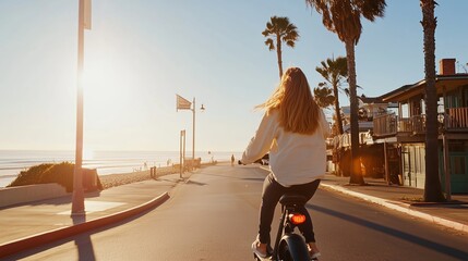 A woman rides an electric bike along a scenic coastal path at sunset, enjoying the ocean breeze and vibrant colors of the shoreline