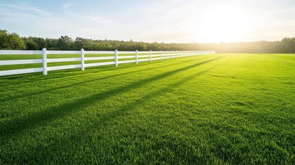 Obraz premium A white fence with shadows cast on emerald grass by the midday sun.