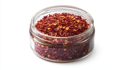A glass jar filled with crushed red pepper flakes, commonly used as a spice to add heat and flavor to various dishes.