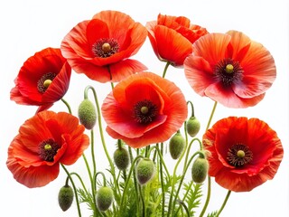 Fototapeta premium Stunning Red Poppy Flowers Isolated on White Background for Nature and Floral Photography
