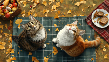 Cute kittens enjoying an autumn picnic on a blanket, gazing upwards