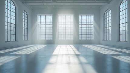 Fototapeta premium an abstract white studio room featuring interplay of light and shadow cast through windows creating a minimalist backdrop ideal for product presentations and artistic displays