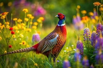 Fototapeta premium Stunning Ring Neck Pheasant in Vibrant Natural Habitat - Wildlife Photography