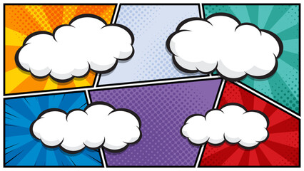 horizontal comic speech bubble in white cloud on a vibrant pop art background flat design