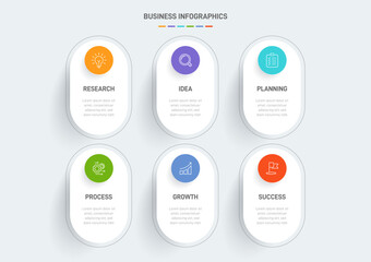 6 clean infographic design shaped elements template, symbolizing the six stages of business strategy and progression. Progress bar or timeline. Vector for presentation, web site or app.