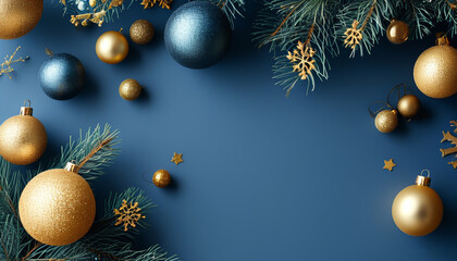 Modern Christmas background with matte blue and gold decorations for modern designs