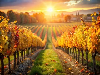 Naklejka premium Bokeh Effect on Vignes Anjou Vineyard in Autumn - Captivating Wine Country Landscape