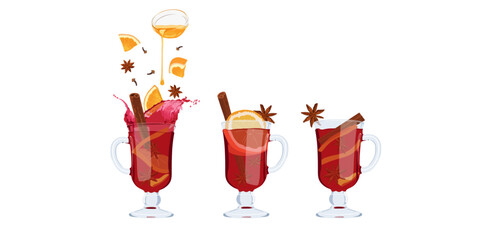 Set of mulled wine mugs with orange slices, honey, clove spice, anise and cinnamon sticks. Mulled wine ingredients. Winter hot drinks.