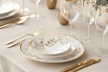 Elegant dinner table setup with gold-accented tableware.