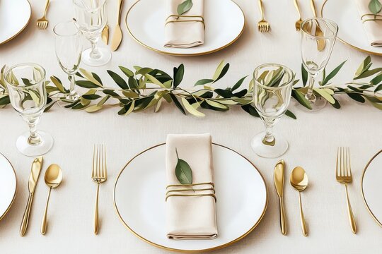 Elegant dinner setting with gold accents and olive branch decor.