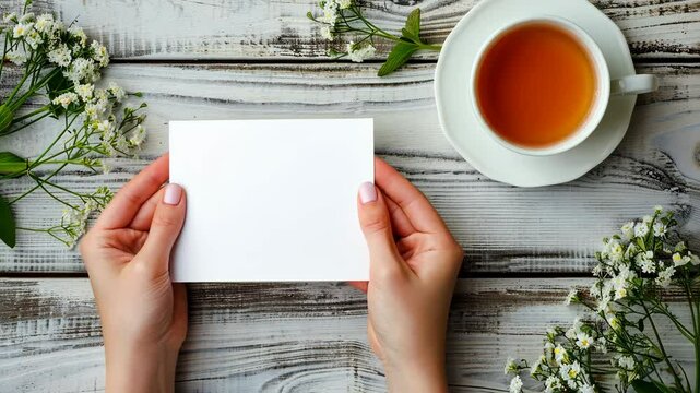 A person holds a blank card on a rustic wooden table with a cup of tea and flowers nearby