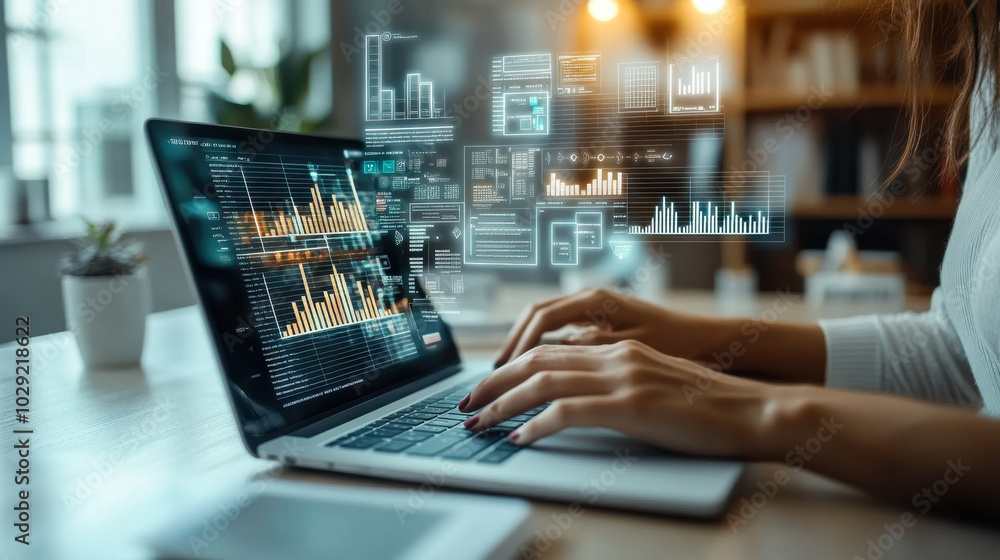 Poster person typing on a laptop while interacting with digital data and analytics in a modern workspace du