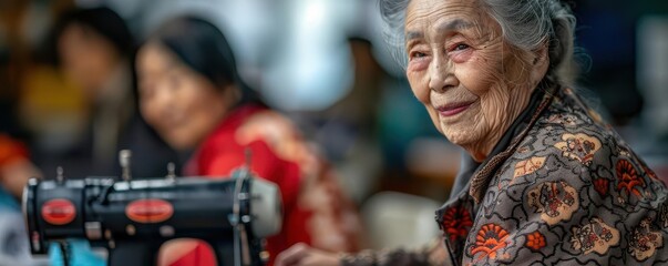 Detailed view of elderly seniors learning to sew in a sewing class ultra-high detail