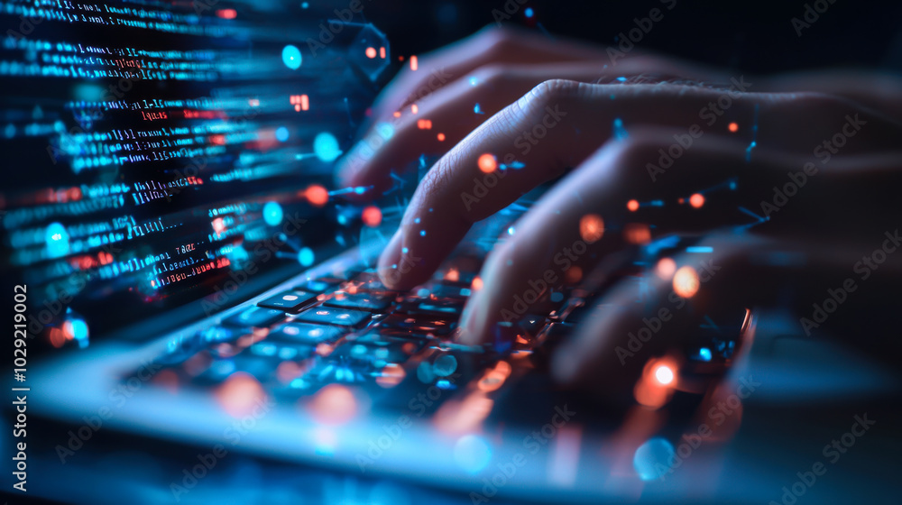 Poster a focused individual typing on a laptop while coding in a dimly lit room filled with colorful digita