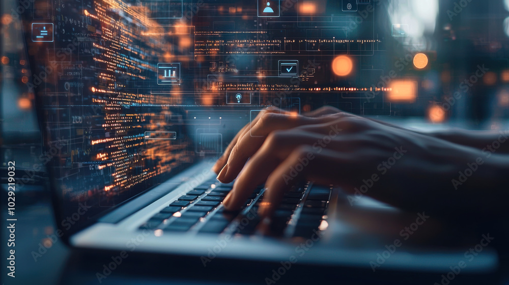 Poster a focused individual typing on a laptop while coding in a dimly lit room filled with colorful digita