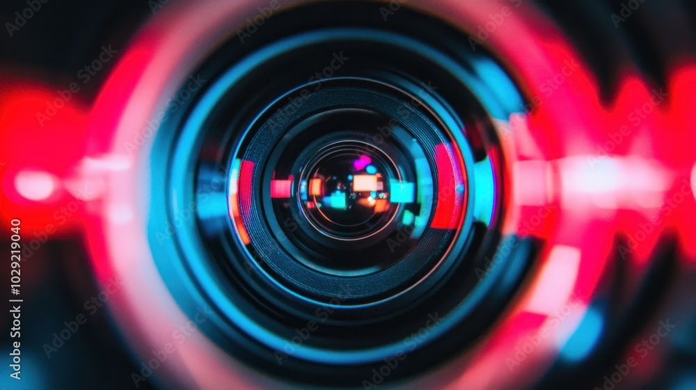 Poster a close-up view of a camera lens with red and blue light reflections