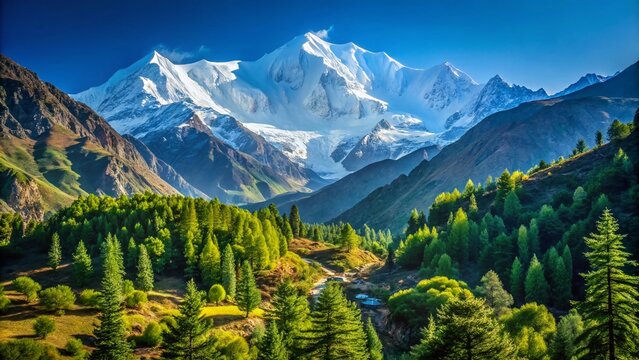 Breathtaking Drone Flight Over Lush Trees Near Nanga Parbat Mountain