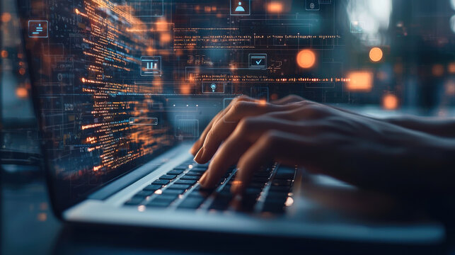 A focused individual typing on a laptop while coding in a dimly lit room filled with colorful digital data projections