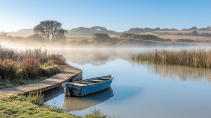 Obraz premium A Blue Rowboat Moored at a Wooden Dock on a Misty Lake