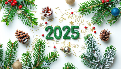 The word "2025" is made from Christmas tree branches with Christmas decor isolated on a white background, with copy space for text.