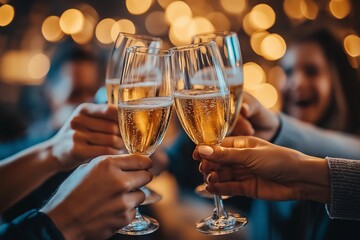 A group of people clink champagne glasses. new year, christmas celebrating