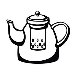 Glass teapot with strainer for brewing, isolated on white background. Sketchy style. Vector illustration