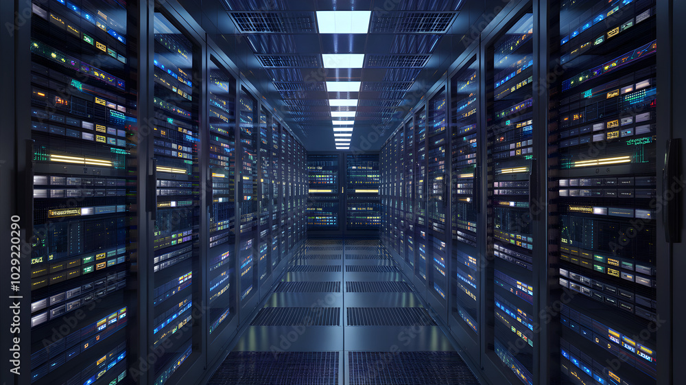 Poster data center corridor: rows of powerful servers illuminate a sleek, modern data center, creating a vi