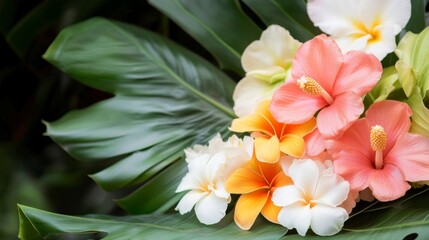 Assortment of Tropical Flowers on Green Leaves