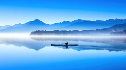 Solitary Kayaker on a Serene Lake with Misty Mountain Background