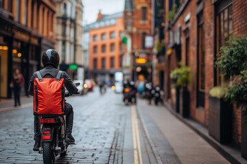 A Food Delivery Driver On A Scooter, Navigating Through A Bustling Urban Street, With A Bright Delivery Bag Prominently Displayed On The Back