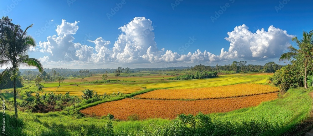 Poster a panoramic view of a vast rice field with green trees and a blue sky with fluffy clouds.