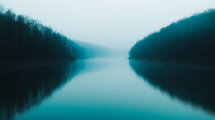 Fototapeta premium Serene foggy river landscape at dawn