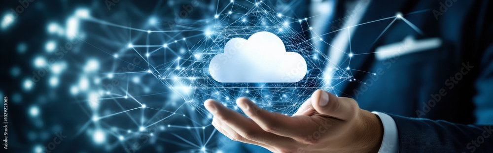 Poster a businessman in a suit interacts with a digital cloud network concept in an office setting during t