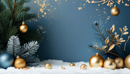 Modern Christmas background with matte blue and gold decorations for modern designs