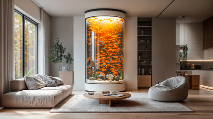Salon design blanc luxueux avec un aquarium circulaire