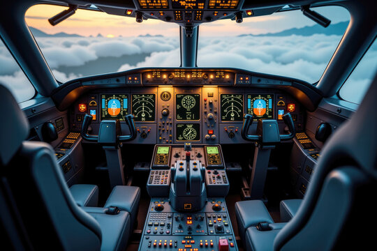 Empty cockpit of a passenger airplane flying above the clouds at sunset